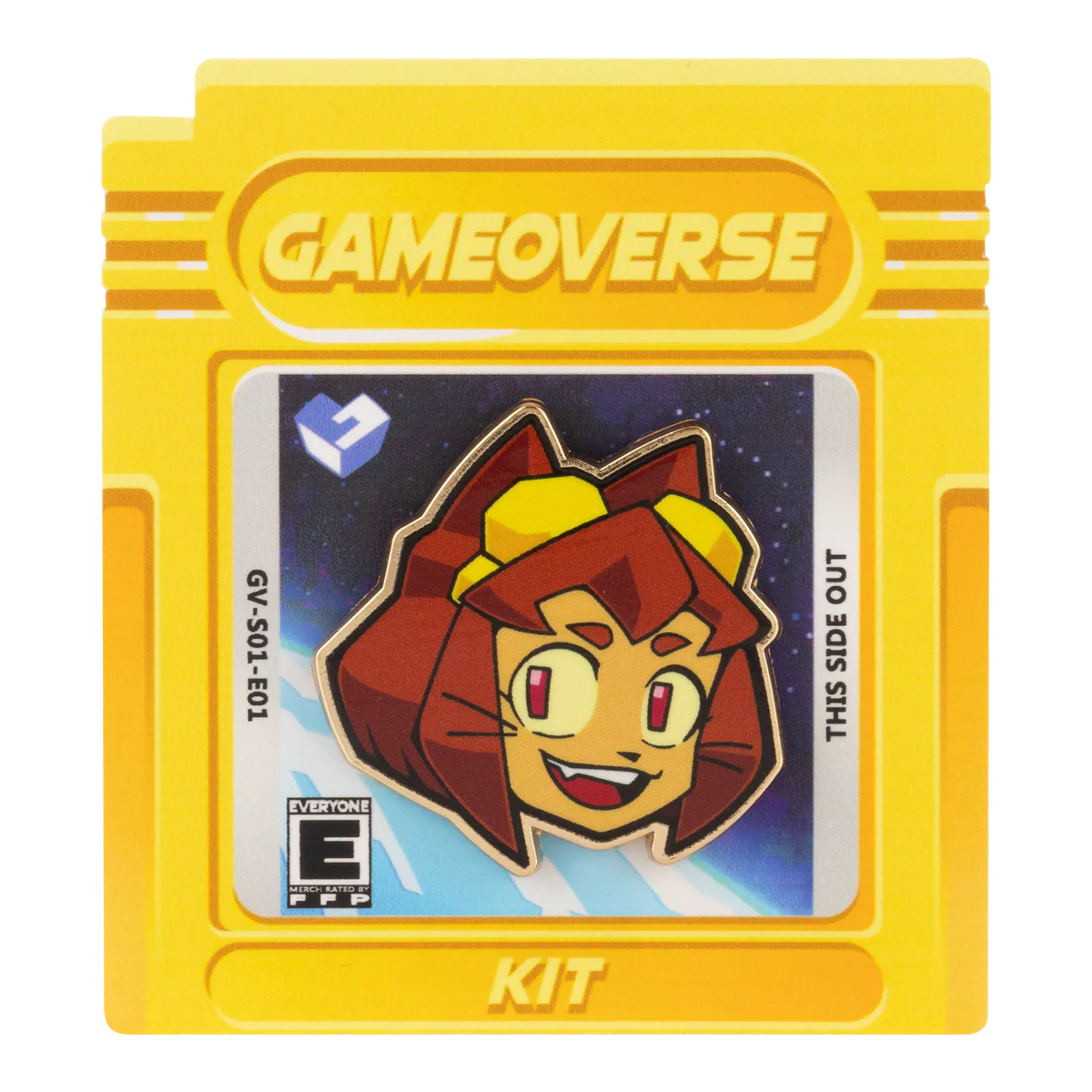 Kit Pin – Gameoverse Glitch Productions Enamel Collectible featuring character Kit on yellow game cartridge card by Glitch