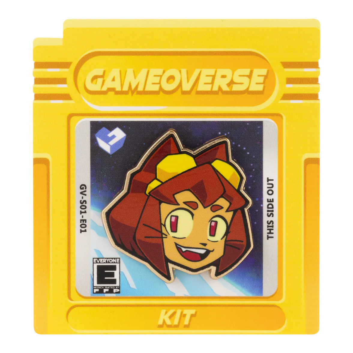 Kit Pin – Gameoverse Glitch Productions Enamel Collectible featuring character Kit on yellow game cartridge card by Glitch