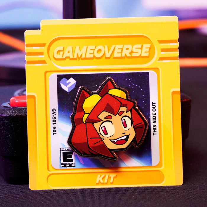 Kit Pin – Gameoverse Glitch Productions Enamel Collectible featuring character Kit on yellow game cartridge card by Glitch