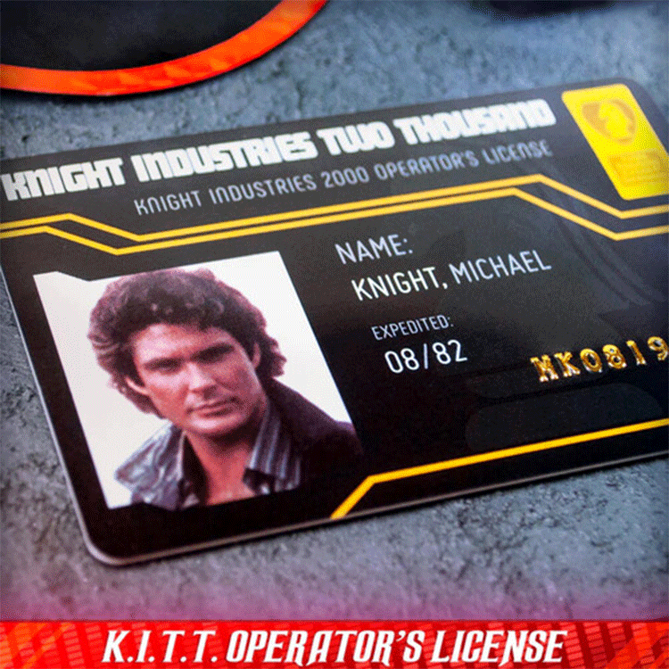 Close-up of Knight Industries 2000 operator's license featuring Michael Knight photo from Doctor Collector set