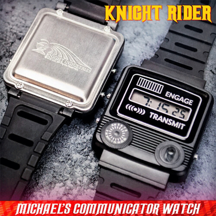 Michael Knight's communicator watch replica from Knight Rider by Doctor Collector shown open and closed on textured surface