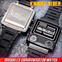 Michael Knight's communicator watch replica from Knight Rider by Doctor Collector shown open and closed on textured surface