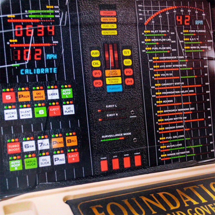Close-up of detailed Knight Rider F.L.A.G. Agent control panel replica from Doctor Collector collectible set