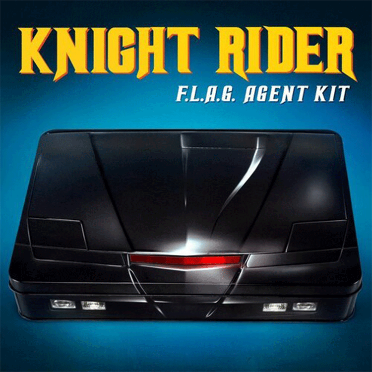 Black Knight Rider F.L.A.G. Agent Kit collector box designed by Doctor Collector with red light detail on blue background