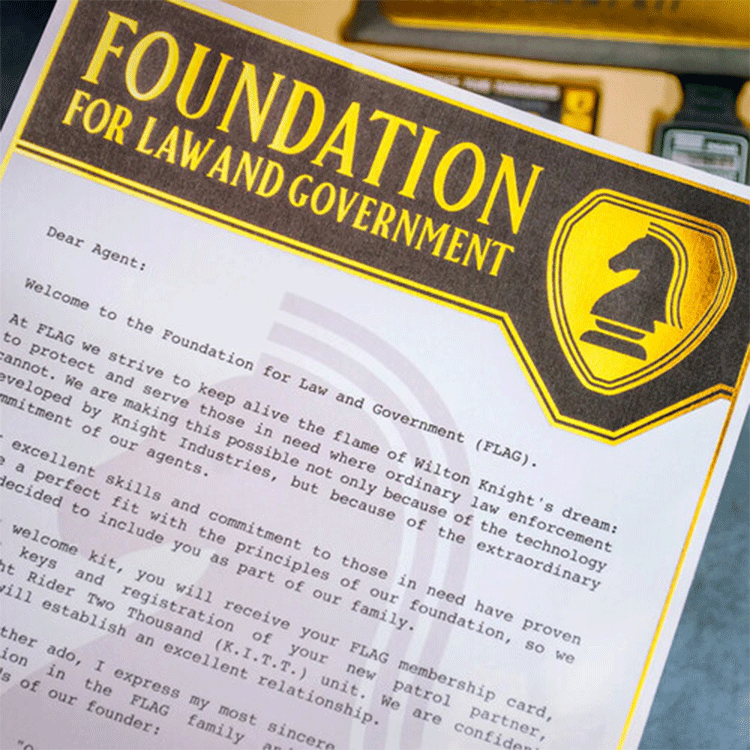 Close-up of Foundation for Law and Government welcome letter with Knight Rider emblem by Doctor Collector