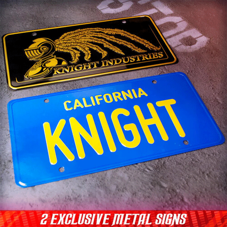 Two exclusive metal license plates from Knight Rider collector set by Doctor Collector on textured surface
