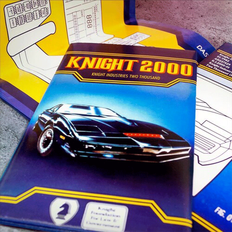 Knight 2000 brochure with iconic KITT car design on schematic background by Doctor Collector collectible set
