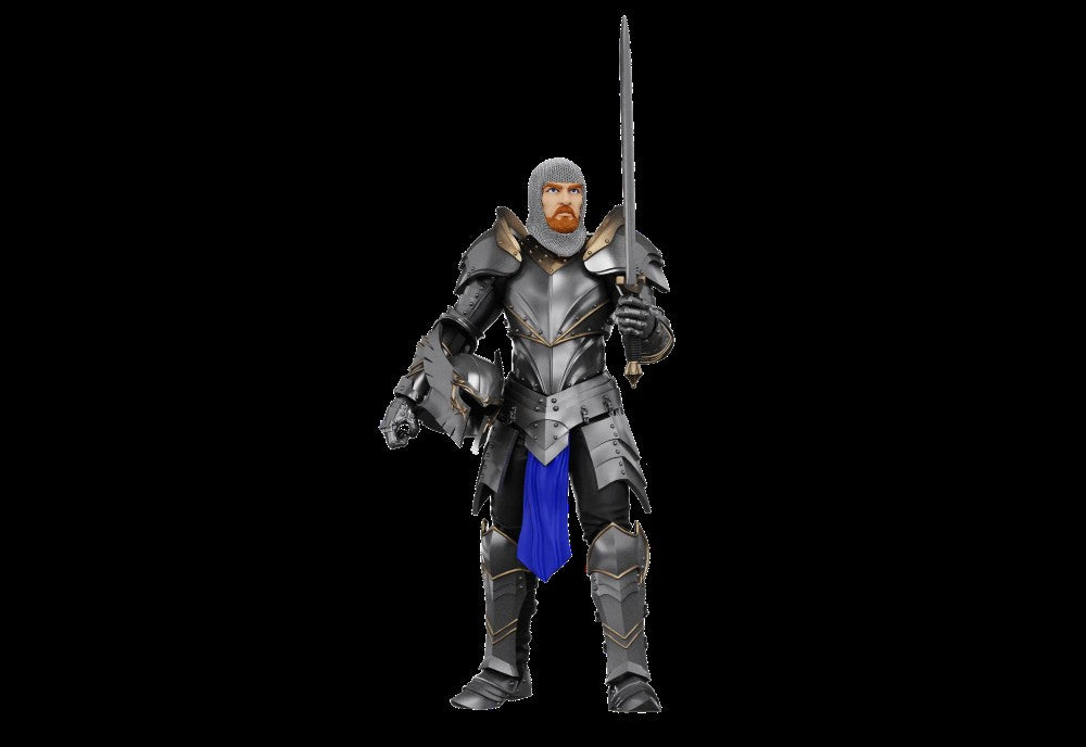 Knight of Accord Warrior of Order -Vitruvian H.A.C.K.S. 1:18 Scale Action Figure by Boss Fight Studio Llc in black armor with sword and blue cloth