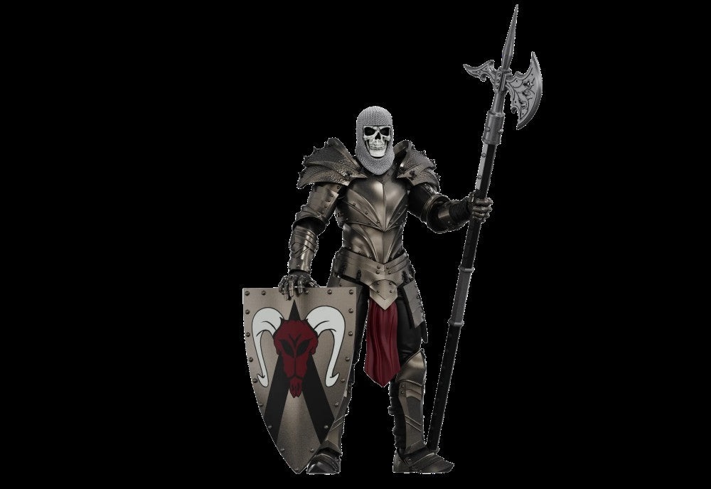 Knight of Asperity 10th Anniversary Male Figure -Vitruvian H.A.C.K.S. 1:18 Scale Action Figure by Boss Fight Studio Llc holding axe and shield.