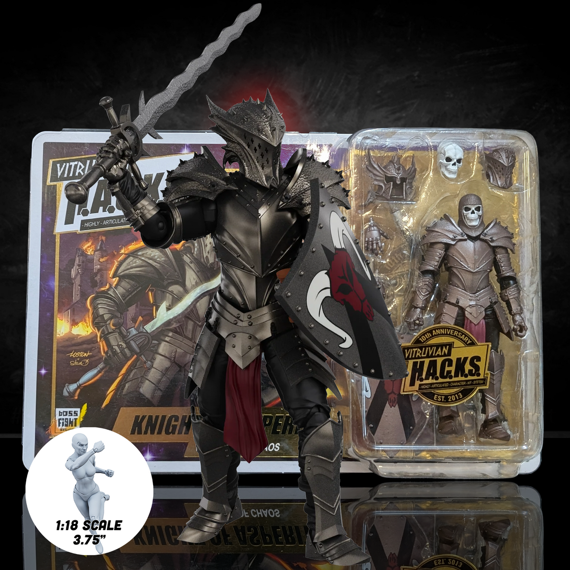 Knight of Asperity 10th Anniversary Male Figure -Vitruvian H.A.C.K.S. 1:18 Scale Action Figure by Boss Fight Studio Llc with sword and shield.