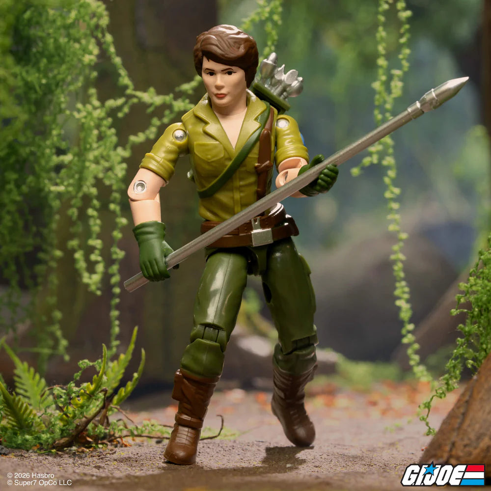 Lady Jaye GI Joe Comic ReAction Plus 1:18 Scale 3 3/4-Inch Action Figure by Super7 in green outfit with spear