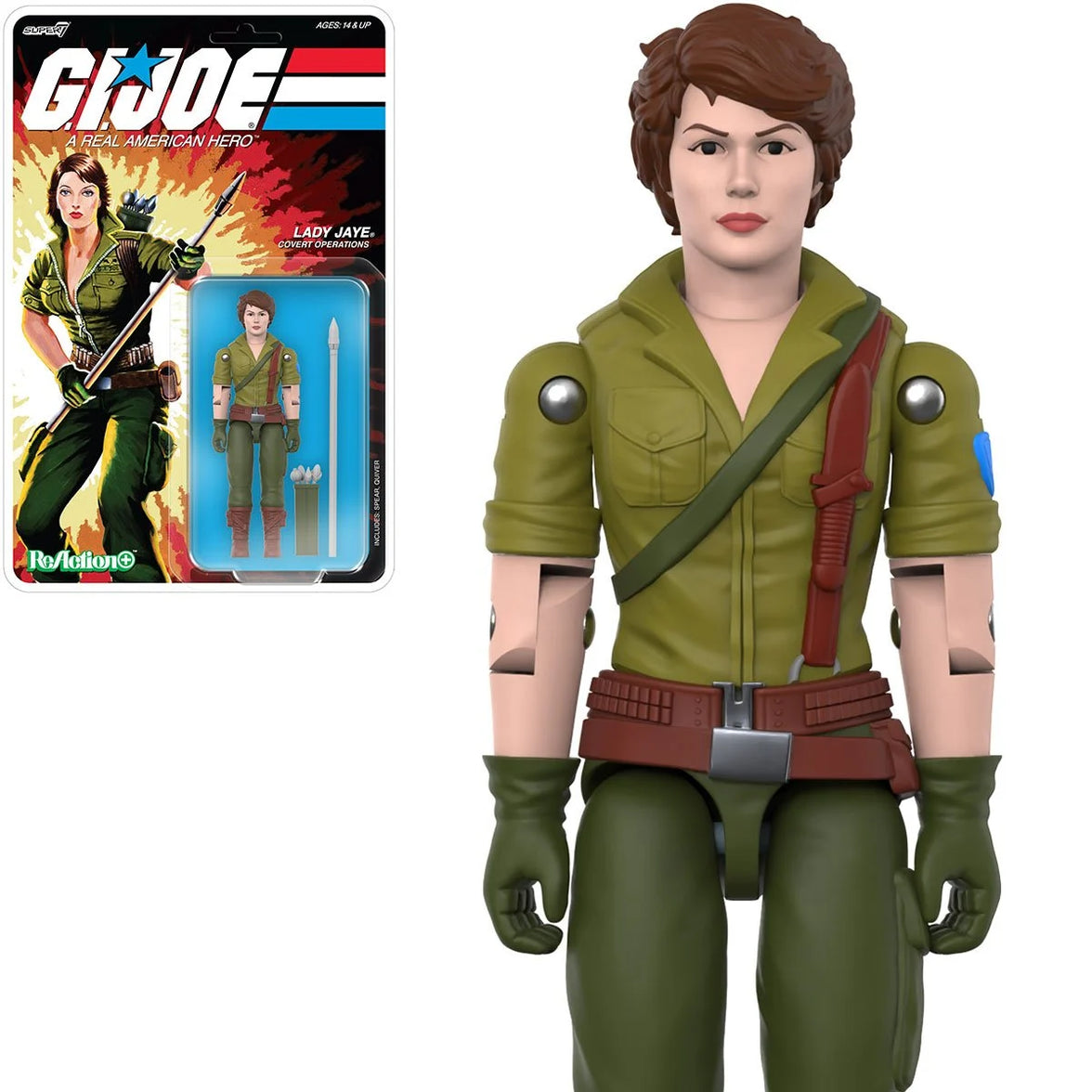 Lady Jaye GI Joe Comic ReAction Plus 1:18 Scale 3 3/4-Inch Action Figure by Super7 in green military outfit