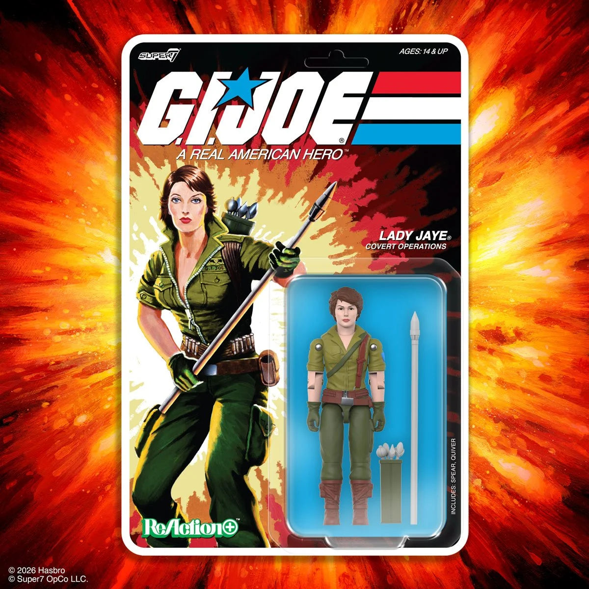 Lady Jaye GI Joe Comic ReAction Plus 1:18 Scale 3 3/4-Inch Action Figure by Super7 in packaging with comic art background