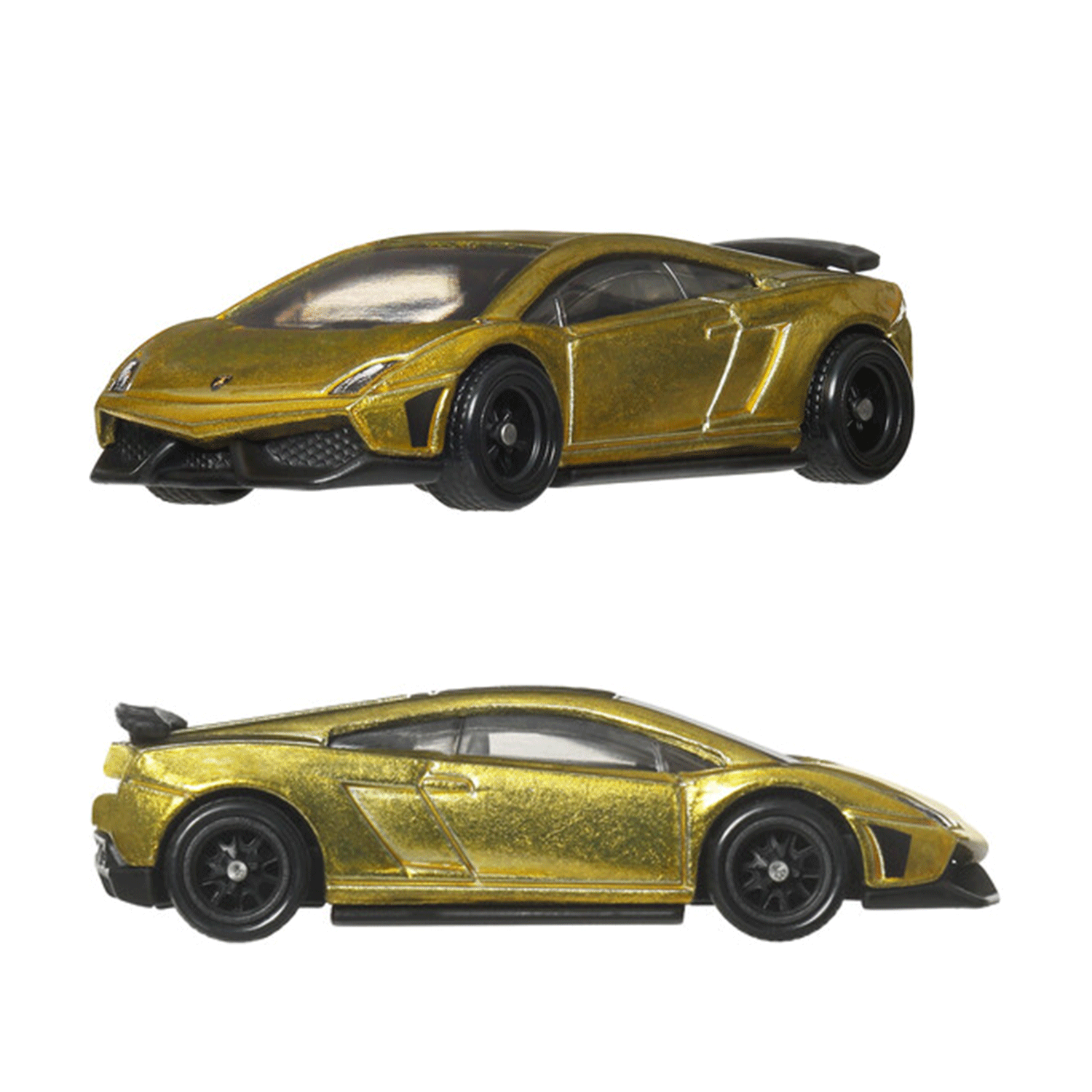 Mattel Hot Wheels Premium Lamborghini Gallardo LP 570-4 Fast and Furious diecast car model gold side and front views