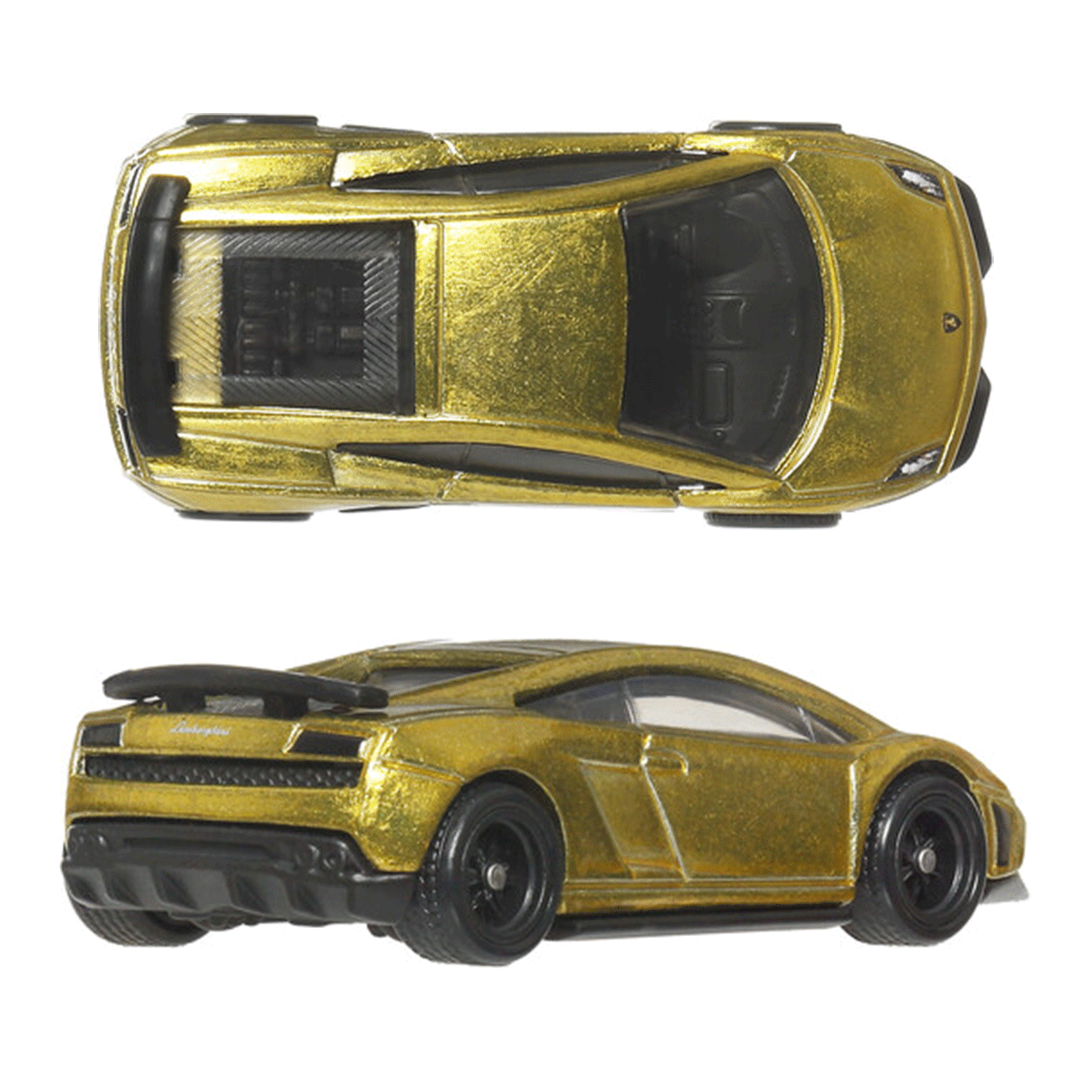 Mattel Hot Wheels Premium Lamborghini Gallardo LP 570-4 diecast car model gold top and rear angle views on white background
