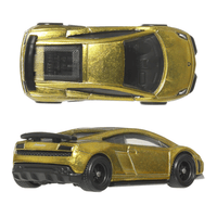 Mattel Hot Wheels Premium Lamborghini Gallardo LP 570-4 diecast car model gold top and rear angle views on white background