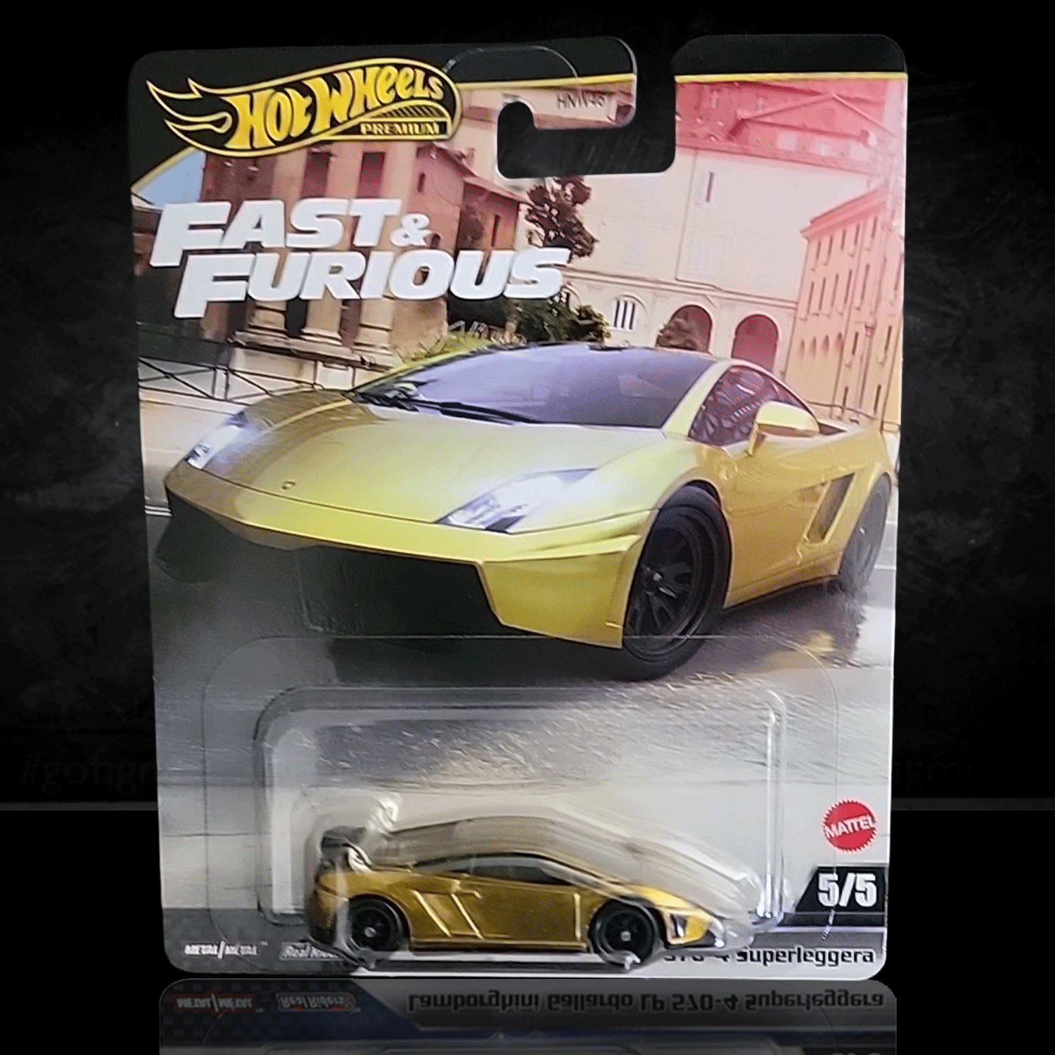 Mattel Hot Wheels Premium Fast and Furious Lamborghini Gallardo LP570-4 Superleggera diecast car in yellow packaging front view