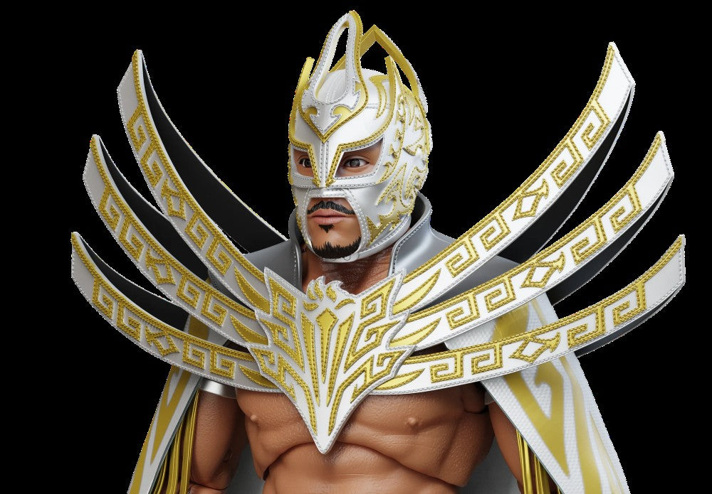 Laredo Kid Legends of Lucha Libre Premium 1:12 Scale 6" Action Figure by Boss Fight Studio Llc with white and gold detailed mask and ornate shoulder armor new in box