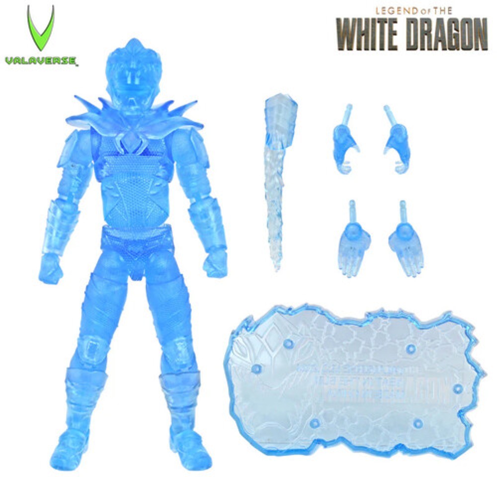 Blue translucent armored action figure with interchangeable hands, sword, and display base