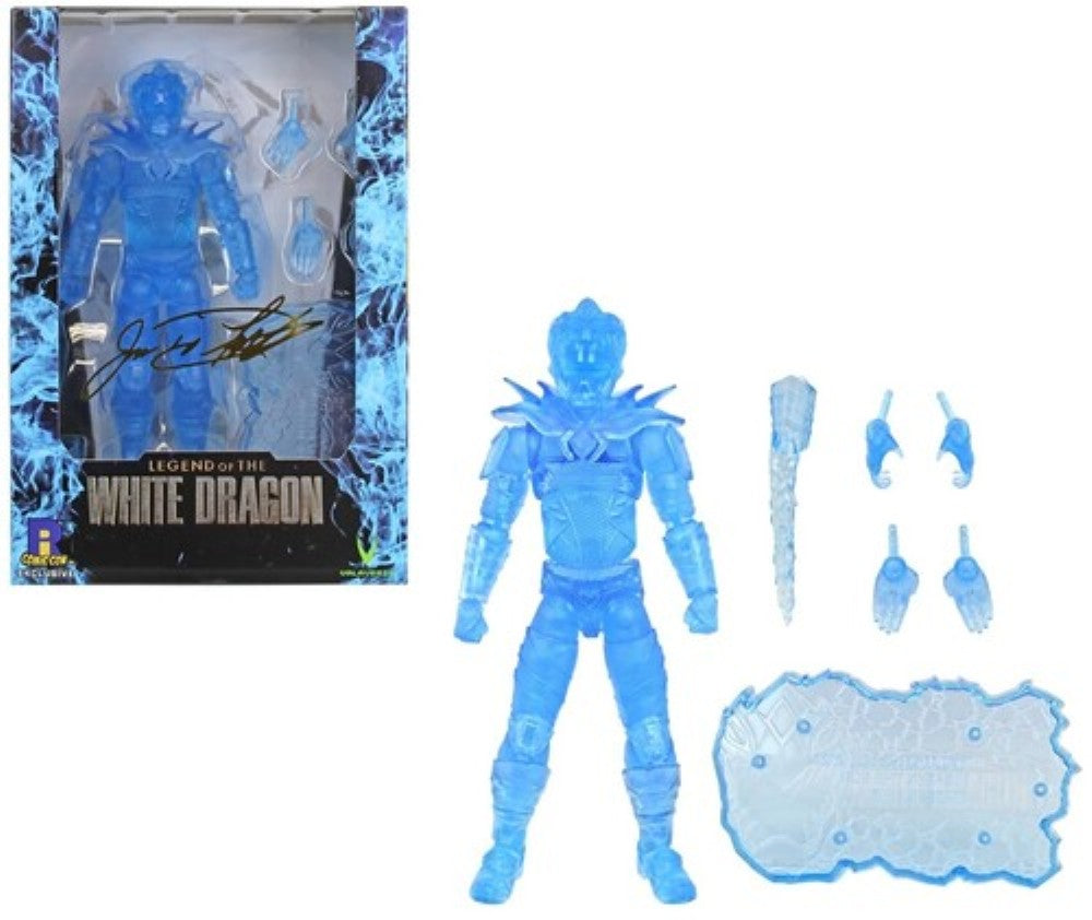 Blue translucent armored figure with interchangeable hands, weapons, a shield, and a display box beside it