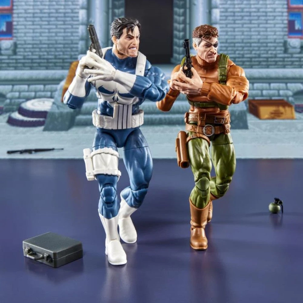 Marvel Legends Gamerverse Punisher and Nick Fury 6-inch action figures posed with accessories by Hasbro on display surface