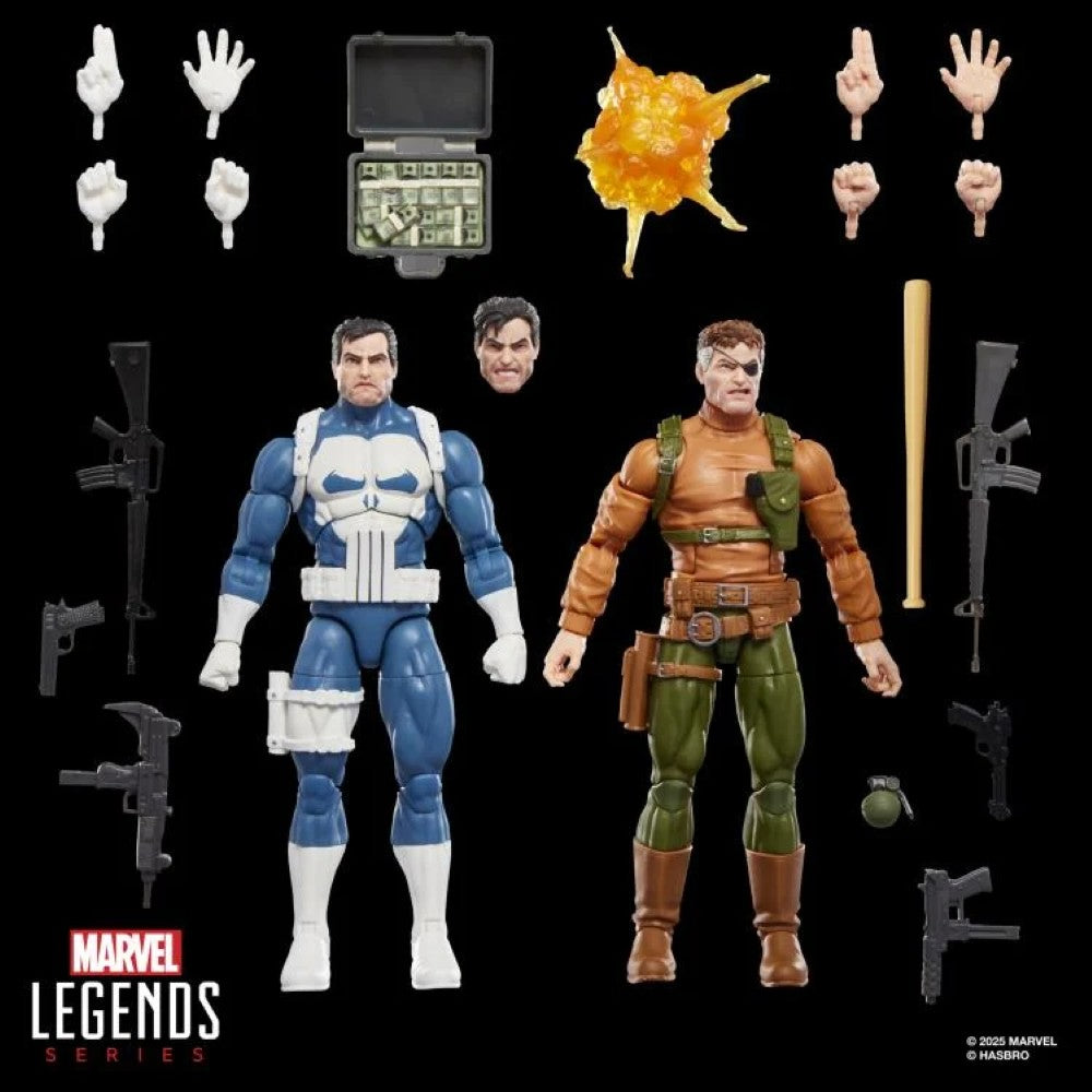 Marvel Legends Gamerverse Punisher and Nick Fury 6-inch action figures with weapons and accessories by Hasbro on black background