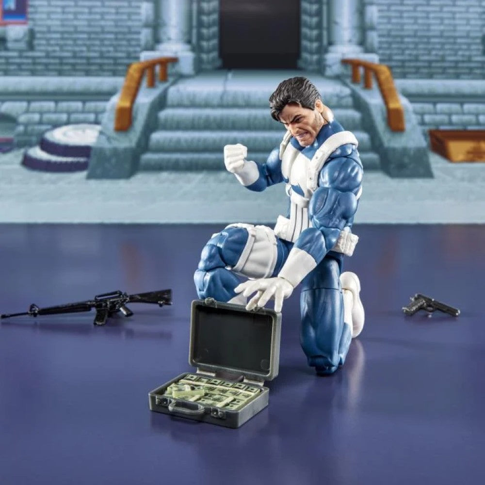 Marvel Legends Gamerverse Punisher 6 inch action figure by Hasbro kneeling with open money case and weapons on surface