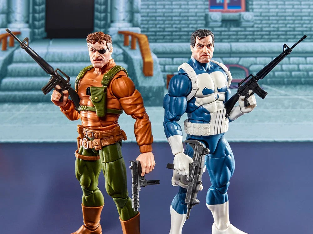 Marvel Legends Gamerverse Punisher and Nick Fury 6 inch action figure two-pack by Hasbro posed outdoors