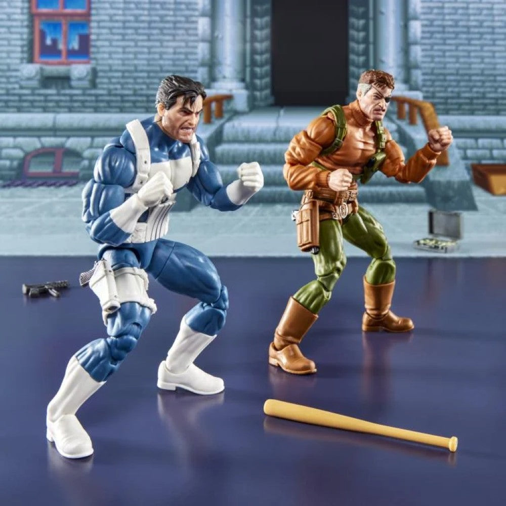 Marvel Legends Hasbro Punisher and Nick Fury 6 inch action figures posed with baseball bat on urban rooftop background