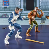 Marvel Legends Hasbro Punisher and Nick Fury 6 inch action figures posed with baseball bat on urban rooftop background