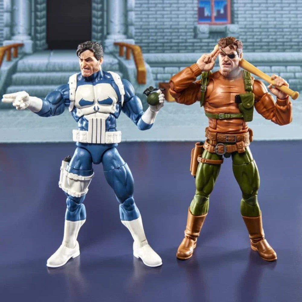 Marvel Legends Gamerverse Punisher and Nick Fury 6-inch action figure two-pack by Hasbro posed outdoors