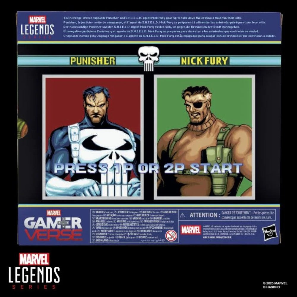 Marvel Legends Gamerverse Punisher and Nick Fury 6 inch action figure box back by Hasbro with character art and game interface design