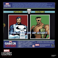 Marvel Legends Gamerverse Punisher and Nick Fury 6 inch action figure box back by Hasbro with character art and game interface design