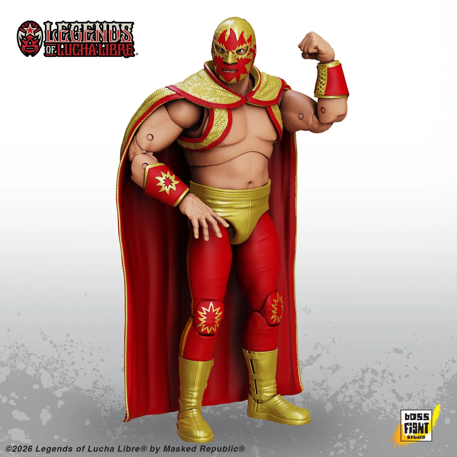 Solar Legends of Lucha Libre Premium 1:12 Scale 6" Action Figure by Boss Fight Studio Llc in red and gold costume with cape new in box