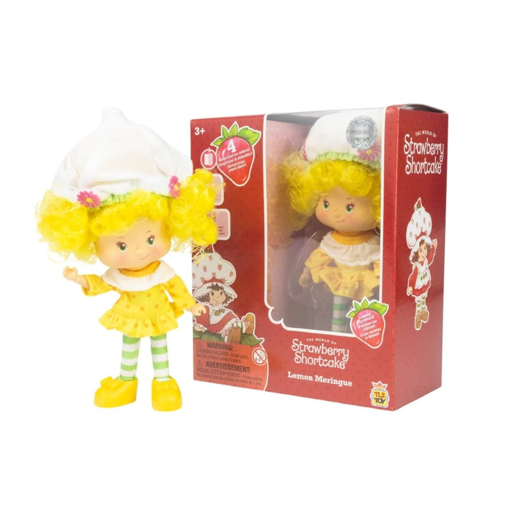 5 1/2-inch Strawberry Shortcake Lemon Meringue fashion doll with yellow dress and white hat by Loyal Subjects in red window box