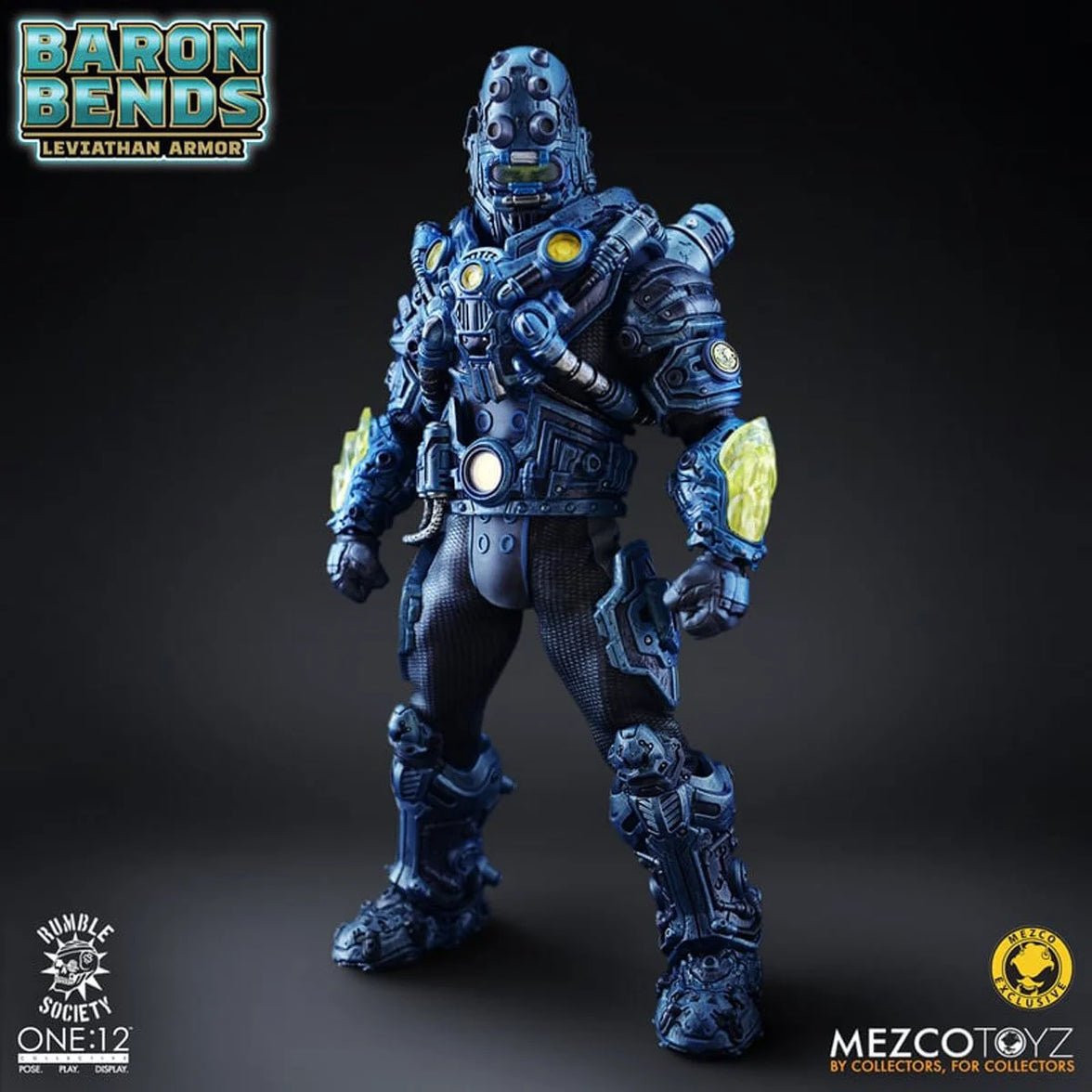 Baron Bends Leviathan Armor Rumble Society One:12 Collective Action Figure by Mezco Toyz Light-Up 6.7 in in blue armor