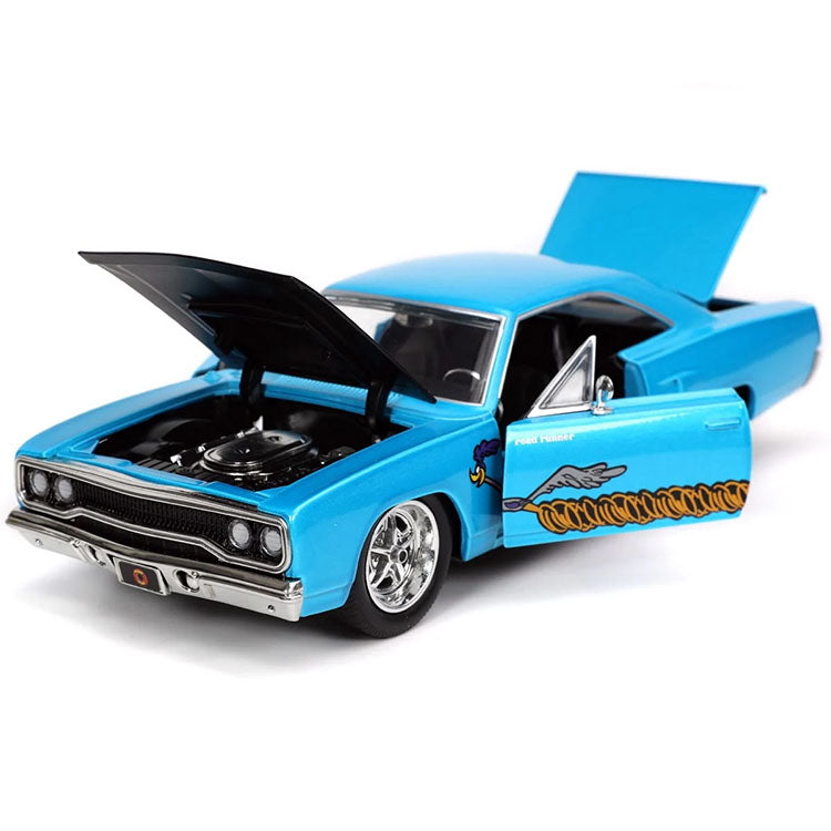 Go Figment Looney Tunes 1970 Plymouth Road Runner die-cast model with open doors and hood detailed engine and interior