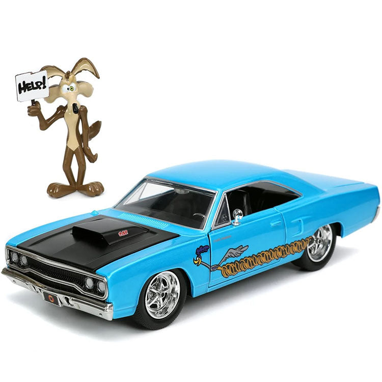 Go Figment 1:24 scale blue 1970 Plymouth Road Runner die-cast with Wile E. Coyote figure holding help sign