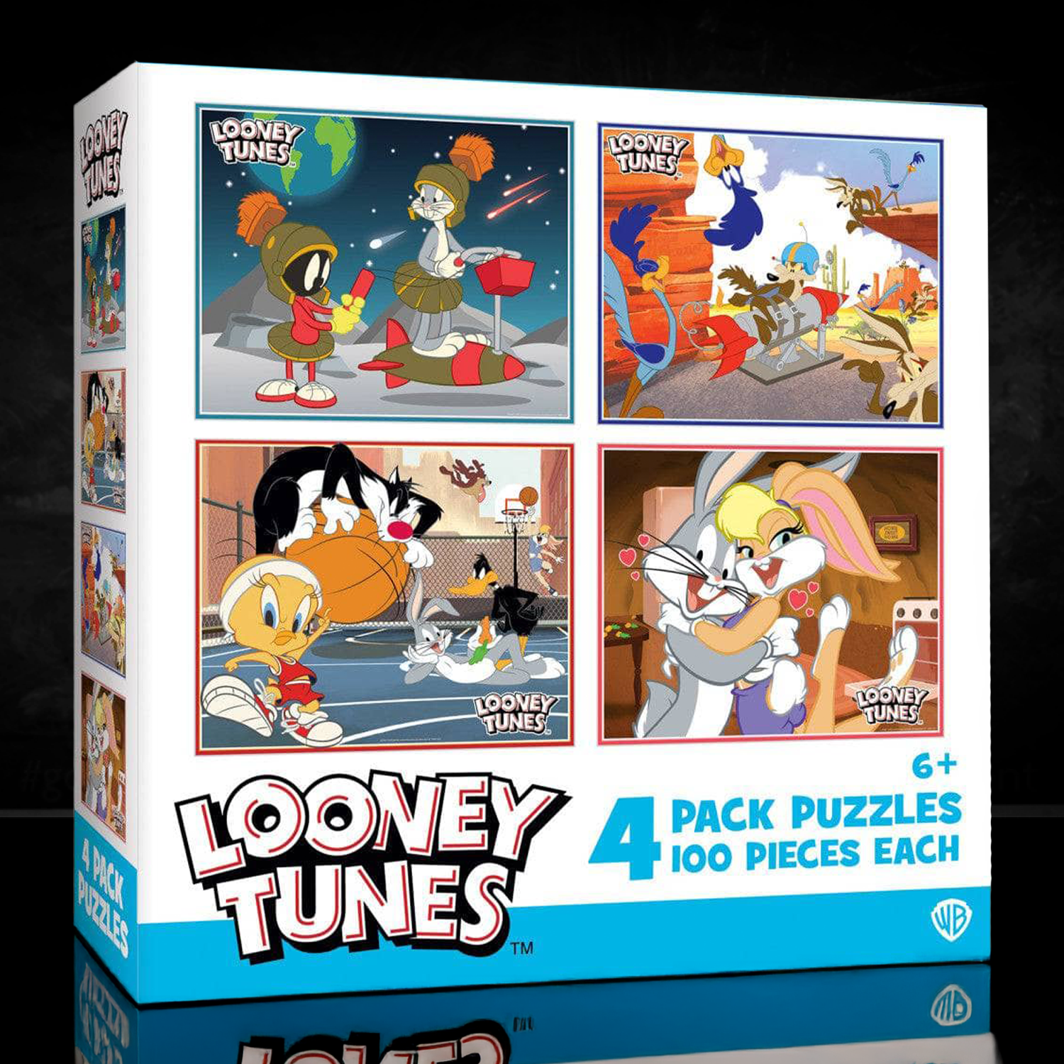 Looney Tunes 100 Piece Jigsaw Puzzles 4-Pack by MasterPieces featuring classic cartoon scenes and characters from the series