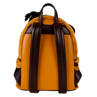 Back view of Loungefly Shrek Puss In Boots faux fur mini-backpack with adjustable brown straps and plush details