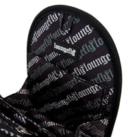 Inside view of black Loungefly mini-backpack insert organizer with repeating logo pattern and pockets