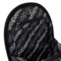 Close-up of Loungefly mini-backpack insert organizer interior with zippered and open pockets in black fabric design