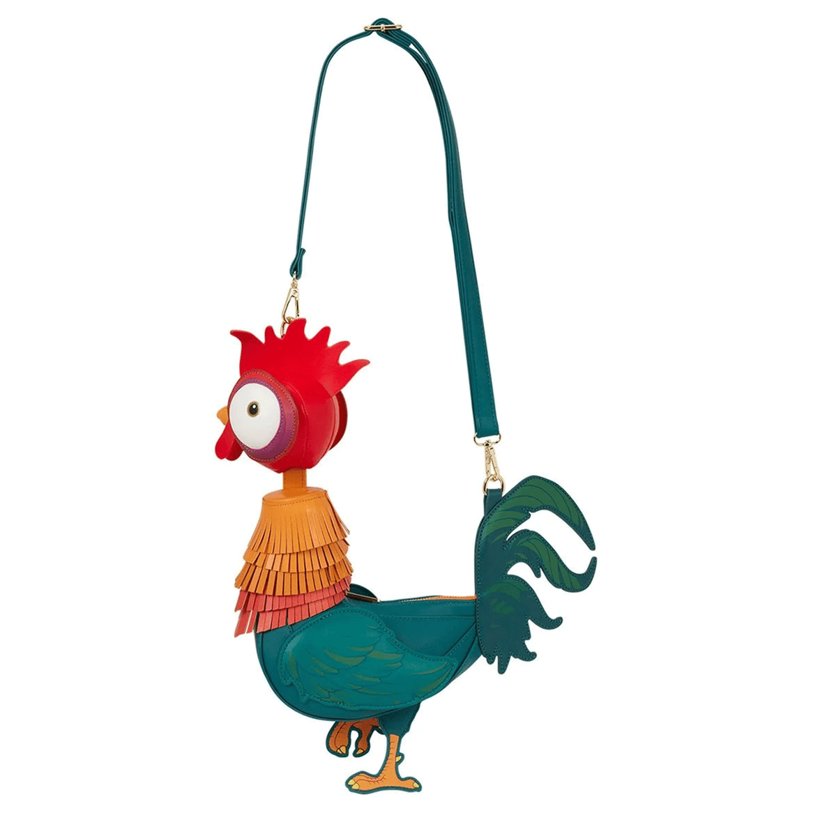 Loungefly Moana HeiHei figural crossbody bag in faux leather with colorful rooster design and adjustable strap