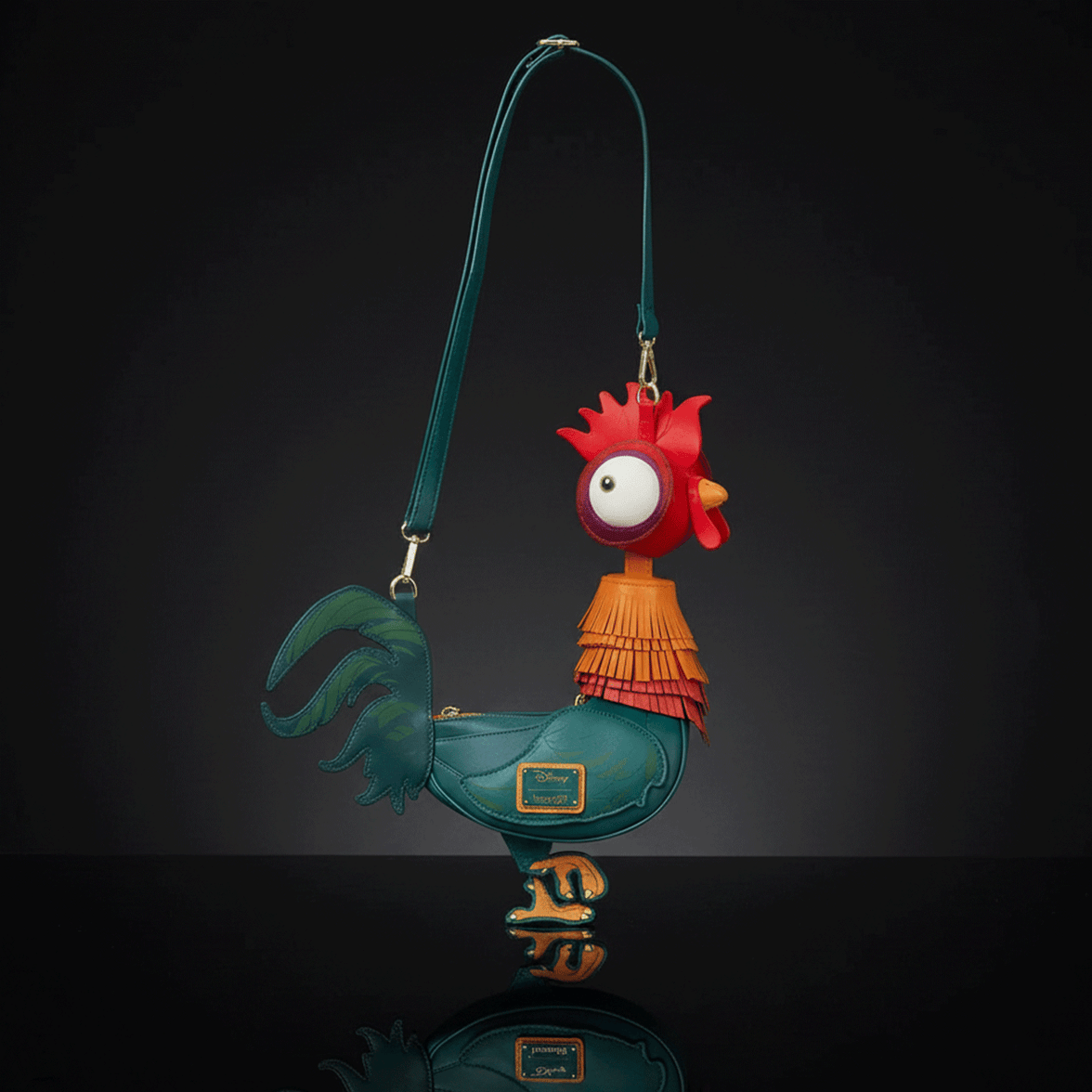 Loungefly Moana HeiHei rooster figural crossbody bag in faux leather with colorful layered design and adjustable strap