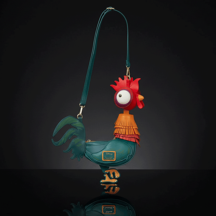 Loungefly Moana HeiHei rooster figural crossbody bag in faux leather with colorful layered design and adjustable strap