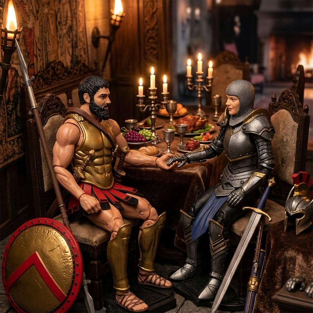 King Leonidas & The Female Knight of Accord (with Metal Lunchbox)Vitruvian H.A.C.K.S. Battle-Couples Combo figures seated at a candlelit medieval feast by Boss Fight Studio Llc.