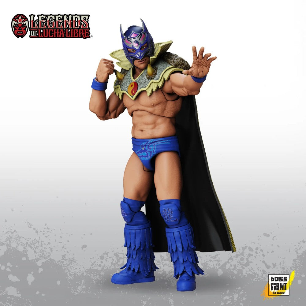 Dragon Lee Legends of Lucha Libre Premium 1:12 Scale 6" Action Figure by Boss Fight Studio Llc with blue mask and cape new in box