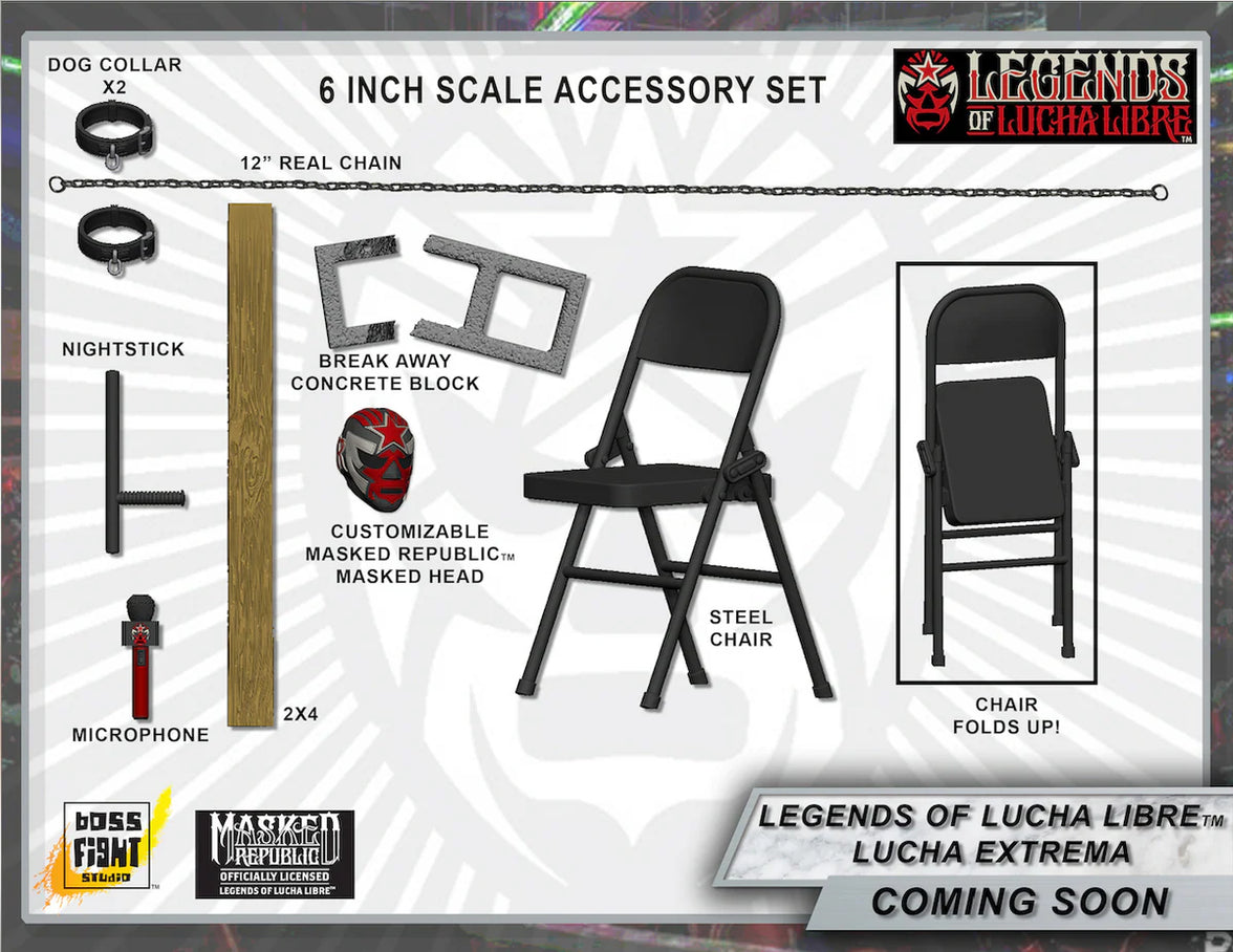 Lucha Extrema Accessory Set Legends of Lucha Libre Premium 1:12 Scale 6 with steel chair, mask head, weapons by Boss Fight Studio Llc
