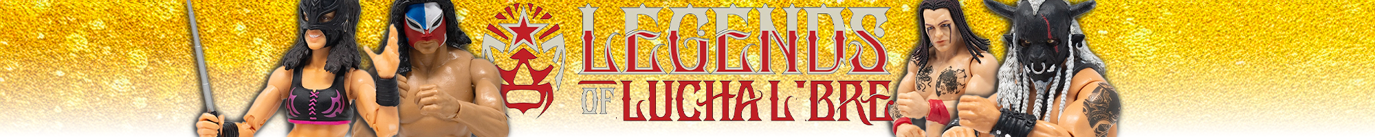Four masked wrestlers posing in front of a yellow background with fiery and flame motifs and bold text at the top center