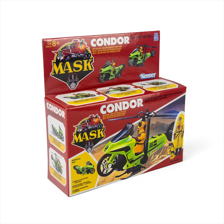 Loyal Subjects M.A.S.K. Condor toy box featuring motorcycle to helicopter transformation with Brad Turner figure.